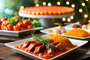 une table avec assiettes de nourriture et autre plats. généré par ai photo