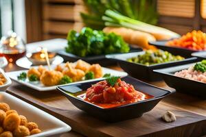 une table avec divers vaisselle de aliments. généré par ai photo