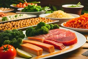 une table avec divers les types de nourriture comprenant Viande, des légumes et autre nourriture. généré par ai photo