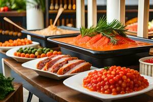 une buffet avec divers les types de nourriture sur il. généré par ai photo