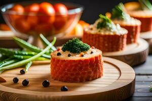 une assiette avec saumon, tomates et vert haricots. généré par ai photo