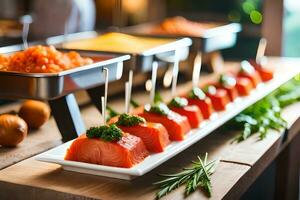 une buffet avec saumon, des légumes et autre nourriture. généré par ai photo