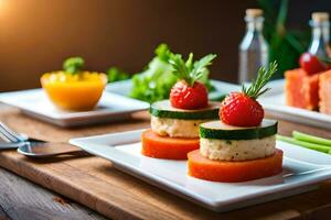 une assiette avec des légumes et Viande sur il. généré par ai photo