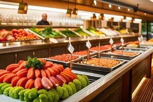 une buffet avec beaucoup différent les types de des légumes. généré par ai photo