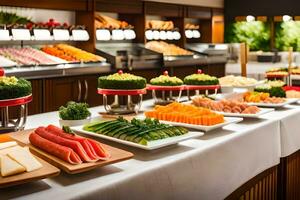 une buffet avec beaucoup différent les types de aliments. généré par ai photo