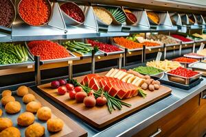 une buffet avec beaucoup différent les types de aliments. généré par ai photo