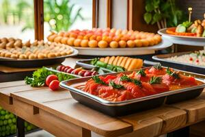 buffet avec divers les types de nourriture sur une tableau. généré par ai photo