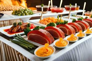 une buffet avec Viande, des légumes et fruit sur plateaux. généré par ai photo