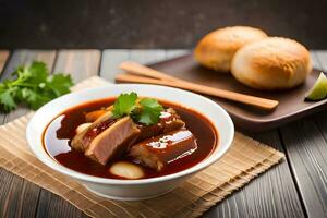 chinois porc et des légumes soupe dans une bol. généré par ai photo