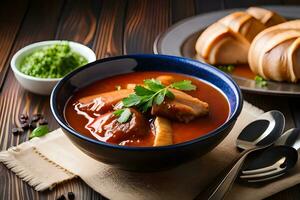 une bol de soupe avec Viande et pain sur une tableau. généré par ai photo