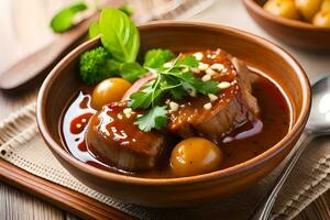 chinois porc avec des légumes et herbes dans sauce. généré par ai photo