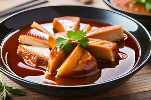 chinois porc ventre dans sauce avec baguettes. généré par ai photo