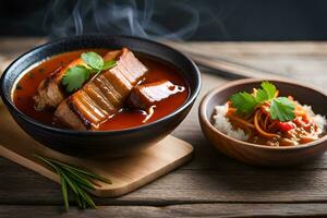 chinois porc ventre avec riz et des légumes dans une bol. généré par ai photo