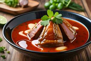 une bol de soupe avec Viande et des légumes. généré par ai photo