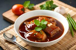 chinois porc travers de porc dans sauce avec des légumes et herbes. généré par ai photo