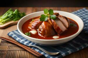 chinois nourriture avec Viande et sauce dans une bol. généré par ai photo