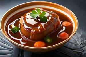 une bol de soupe avec Viande et des légumes. généré par ai photo