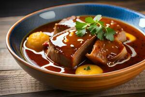 une bol de Viande et des légumes avec sauce. généré par ai photo