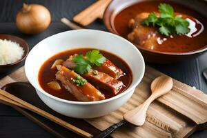 poulet et riz soupe avec baguettes. généré par ai photo