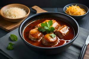 une bol de Viande et sauce avec une cuillère. généré par ai photo