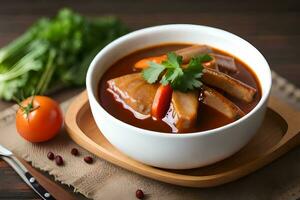 une bol de soupe avec Viande et des légumes. généré par ai photo