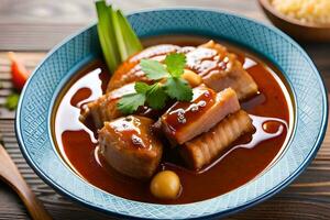 une bol de Viande et sauce sur une en bois tableau. généré par ai photo