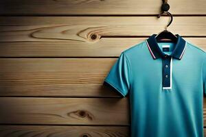 bleu polo chemise pendaison sur une en bois mur. généré par ai photo