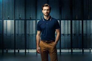 une homme dans une bleu polo chemise et marron pantalon. généré par ai photo