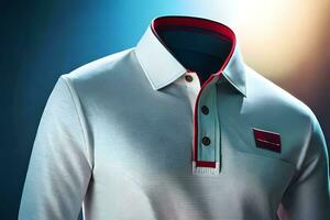une blanc polo chemise avec rouge et blanc garniture. généré par ai photo
