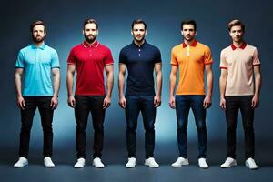 six Hommes dans différent couleurs de polo chemises. généré par ai photo