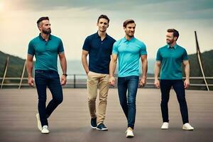 quatre Hommes portant bleu polo chemises et jeans. généré par ai photo