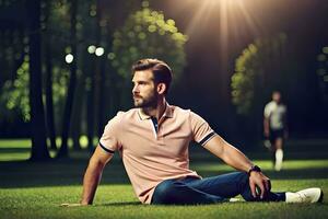 une homme séance sur le herbe dans une parc. généré par ai photo