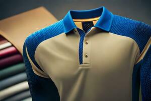 une proche en haut de une polo chemise avec bleu et bronzer. généré par ai photo