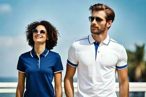 une homme et femme portant bleu et blanc polo chemises. généré par ai photo