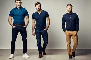 Trois Hommes dans bleu polo chemises et marron pantalon. généré par ai photo
