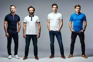 cinq Hommes dans différent polo chemises et jeans. généré par ai photo