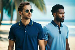 deux Hommes portant bleu polo chemises et des lunettes de soleil. généré par ai photo