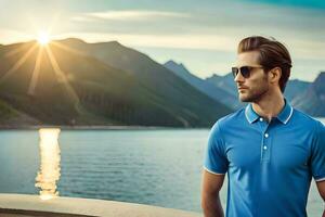 une homme dans des lunettes de soleil et une bleu polo chemise. généré par ai photo