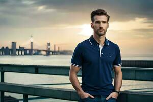 une homme dans une bleu polo chemise permanent sur une pont. généré par ai photo