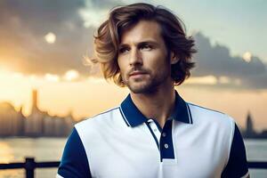 une homme avec longue cheveux et une blanc chemise. généré par ai photo