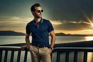 une homme dans des lunettes de soleil et une polo chemise permanent sur une pont. généré par ai photo