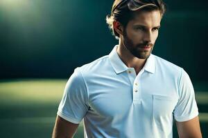 une homme dans une blanc polo chemise permanent sur une tennis rechercher. généré par ai photo
