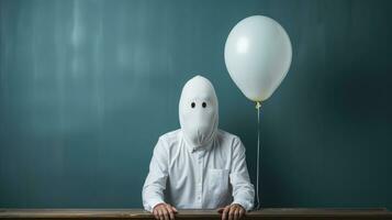 illustration de surréaliste homme avec tuniques visage et blanc ballon. photo