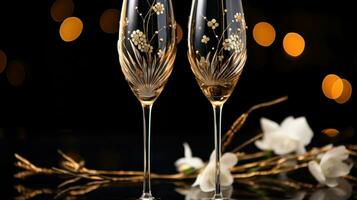 élégant Champagne des lunettes contre une noir Contexte avec or accents photo