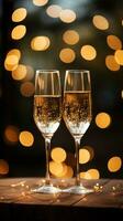 deux Champagne flûtes avec une brillant rempli de bokeh Contexte photo