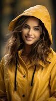 femme dans Jaune imperméable avec parapluie dans le pluie photo