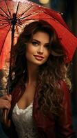 Jeune femme avec rouge parapluie dans le pluie photo