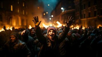 groupe de manifestants protester dans le ville. Humain droits se rallier et Justice guerrier concept. photo