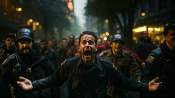 groupe de manifestants protester dans le ville. Humain droits se rallier et Justice guerrier concept. photo