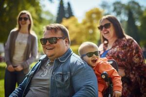 Parents et les enfants avec vers le bas syndrome prendre marcher dans parc. l'amour soutien. famille une homme dans une fauteuil roulant, enfant, deux femmes. autisme, invalidité. ai généré photo